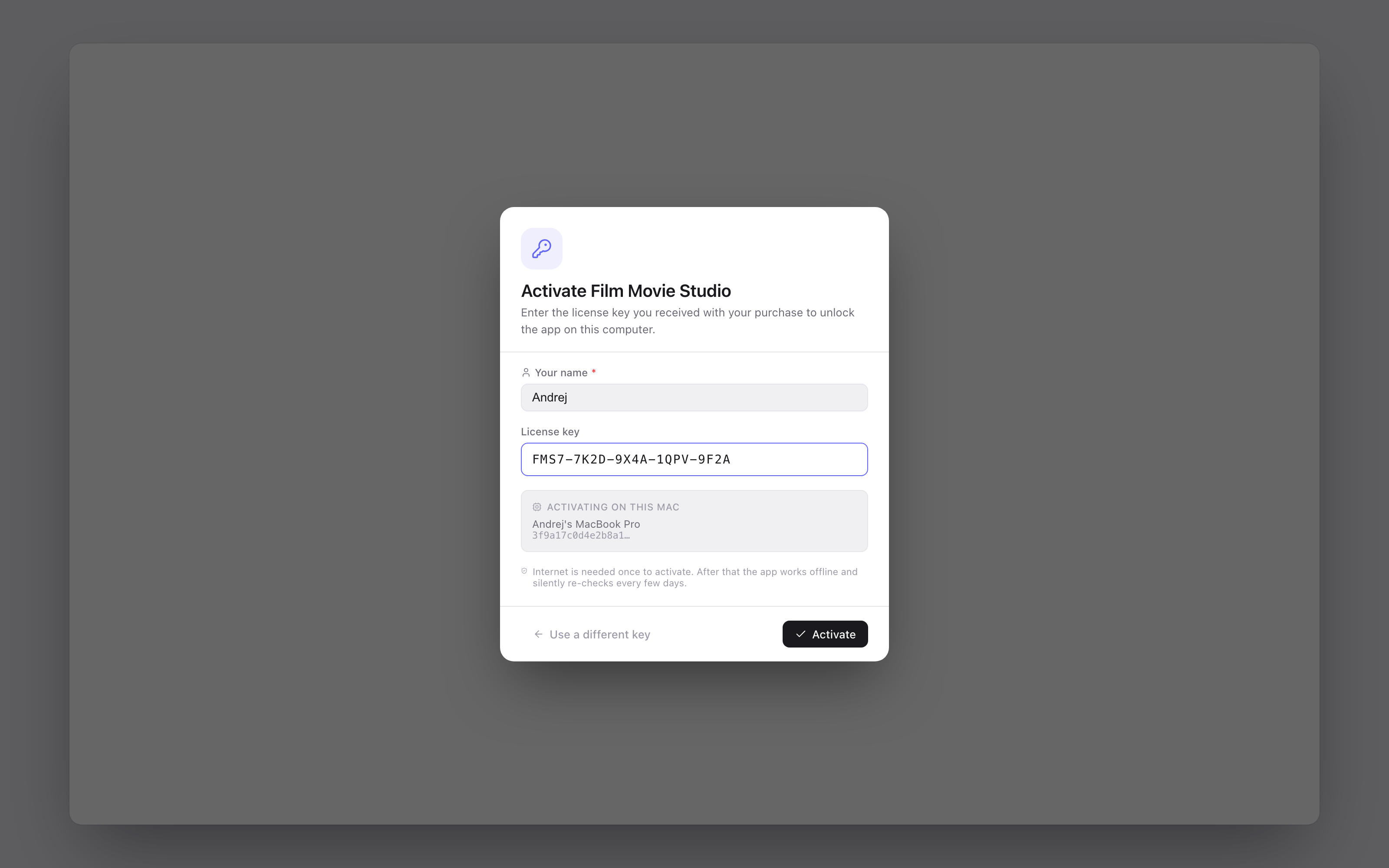 License activation screen