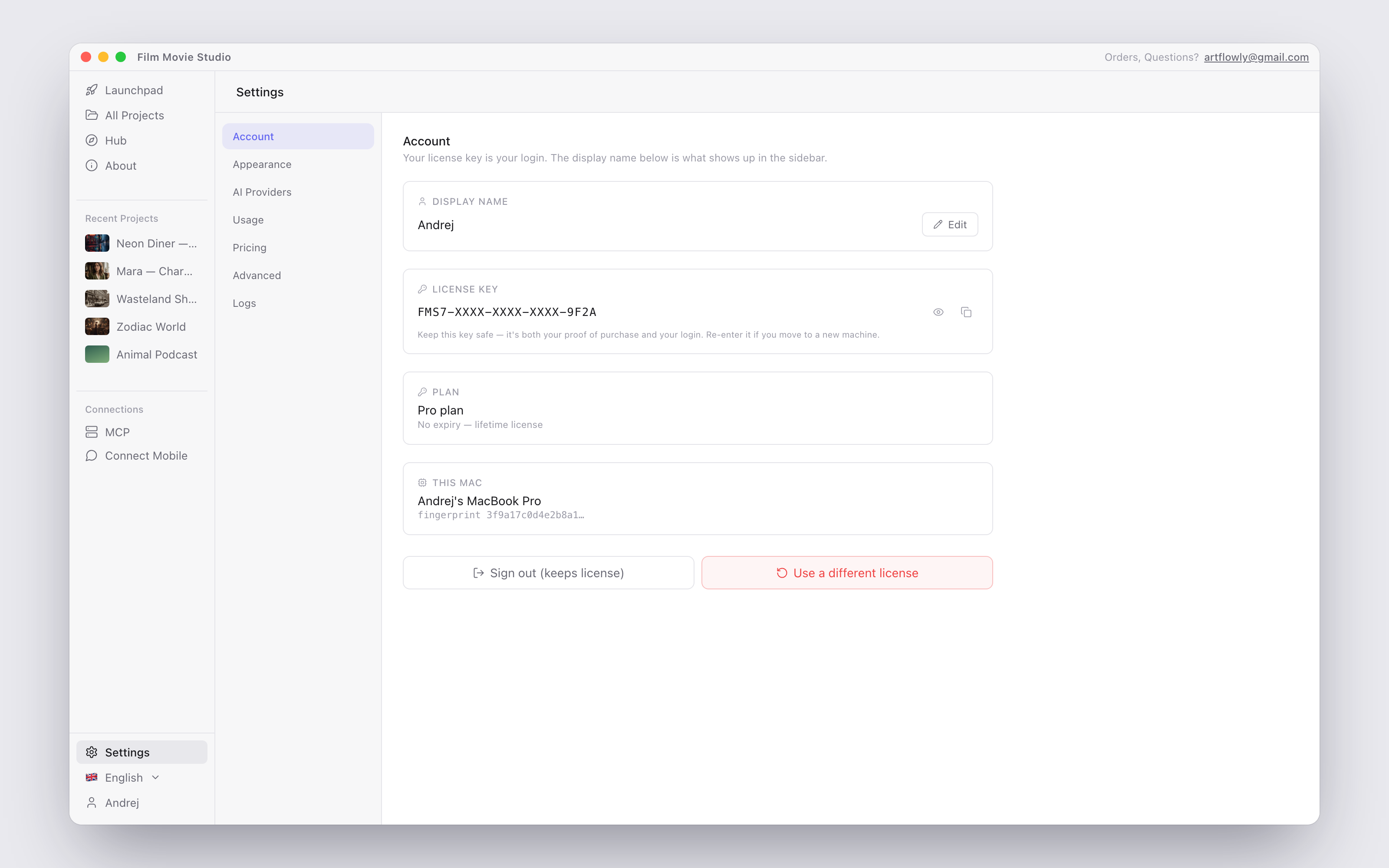 The Settings page