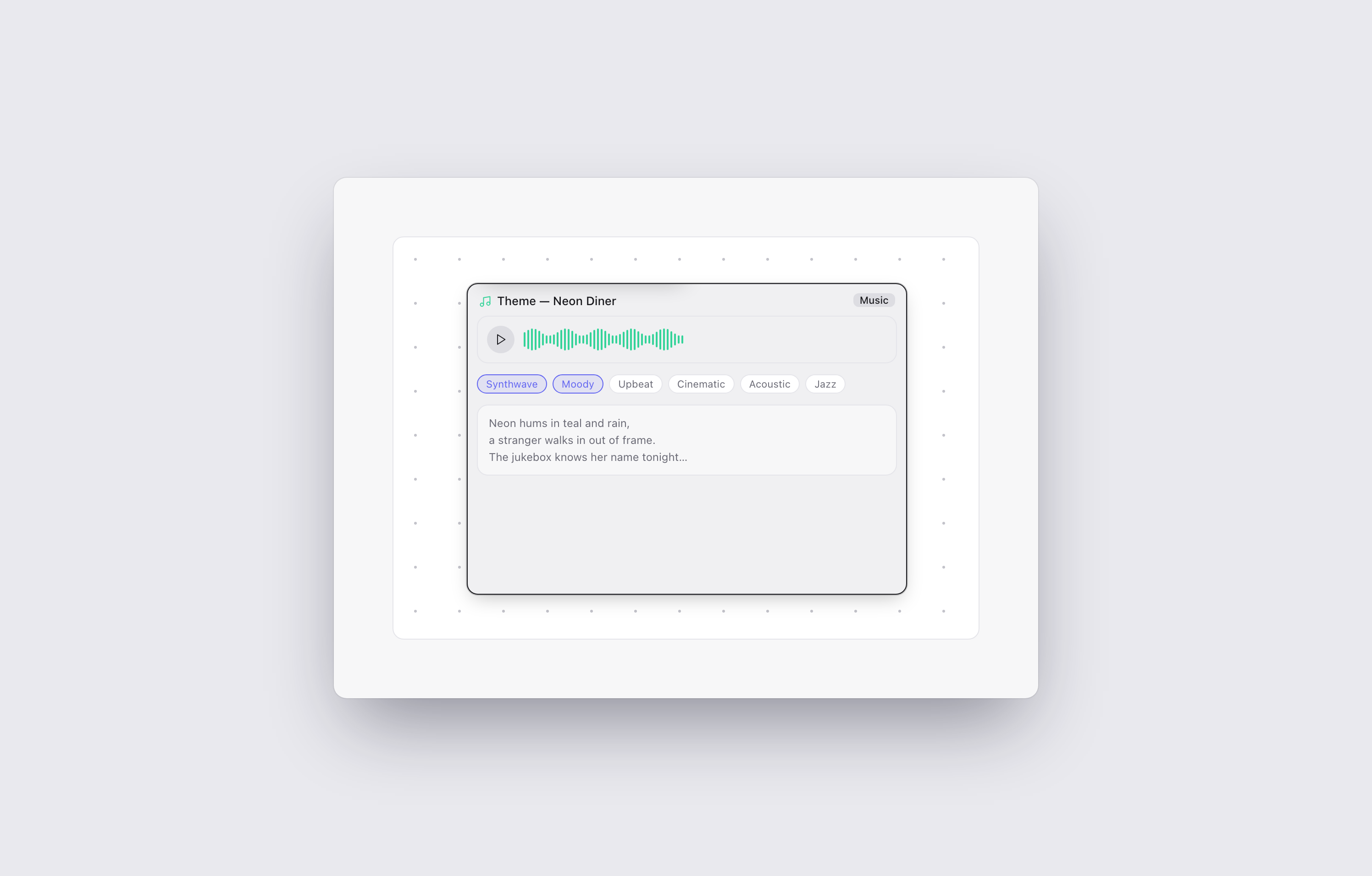 A music card with the style chips and lyrics box